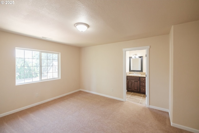14146 Brittany Ter, Oregon City, OR 97045 - unfurnished bedroom with light carpet, baseboards, a textured ceiling, connected bathroom, and a sink