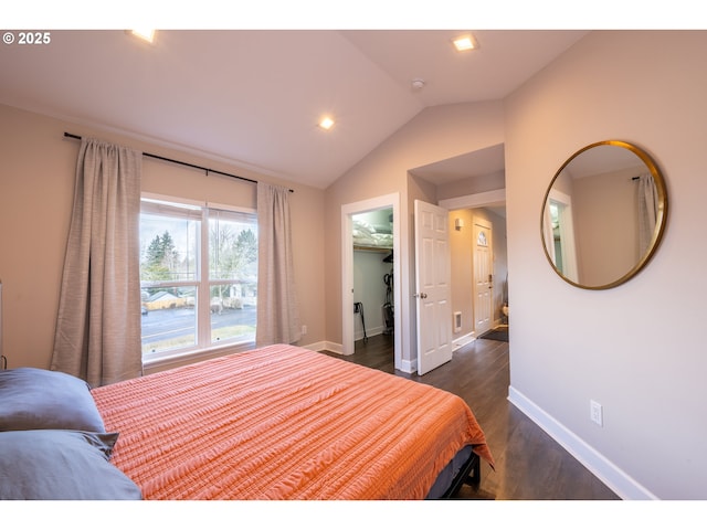 bedroom with lofted ceiling, a spacious closet, baseboards, and dark wood finished floors