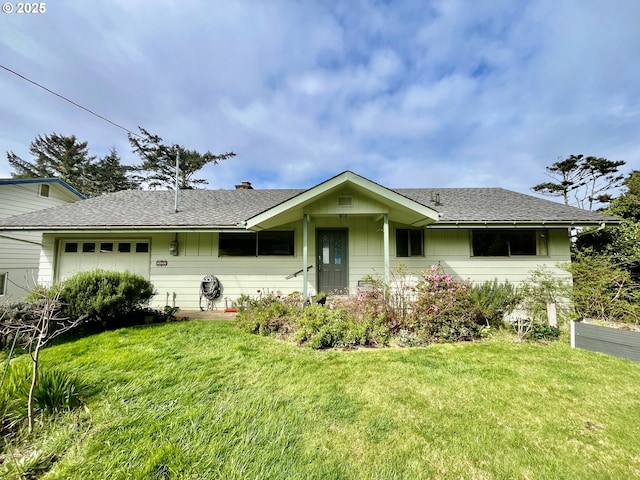 single story home featuring a front lawn, a shingled roof, and an attached garage