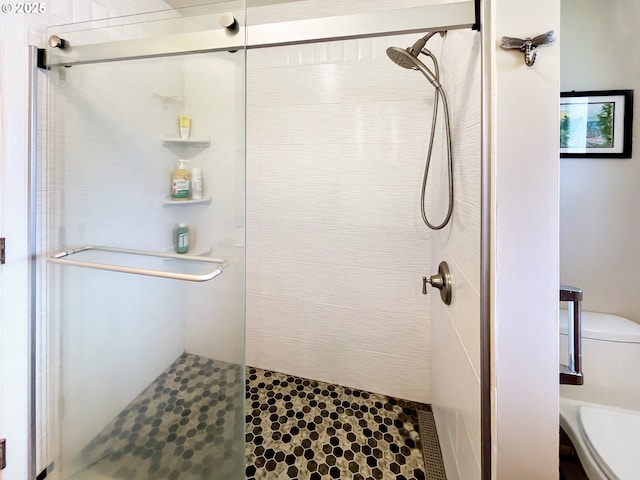 bathroom featuring a shower stall and toilet