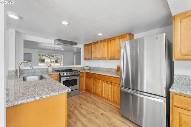 10095 SW 82nd Ave, Portland, OR 97223 - kitchen featuring appliances with stainless steel finishes, a sink, light wood-style floors, light stone counters, and recessed lighting