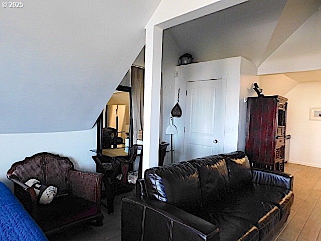 living room with hardwood / wood-style floors and vaulted ceiling