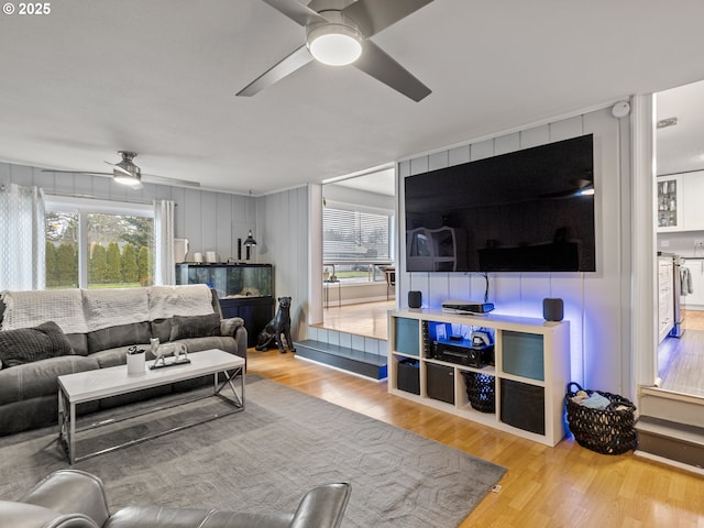 living room with ceiling fan, plenty of natural light, and wood finished floors