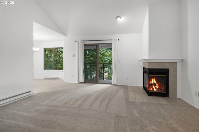 86 Kingsgate Rd Unit D204, Lake Oswego, OR 97035 - unfurnished living room with a tiled fireplace, carpet flooring, vaulted ceiling, baseboard heating, and a chandelier