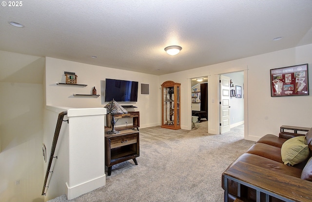 living area with carpet, baseboards, and a textured ceiling