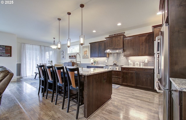 kitchen with light wood finished floors, dark brown cabinets, tasteful backsplash, and a kitchen island with sink