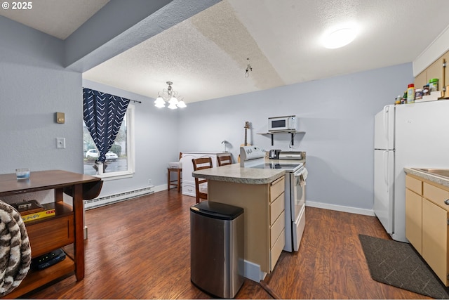 kitchen featuring a textured ceiling, a baseboard radiator, white appliances, dark wood-style flooring, and an inviting chandelier