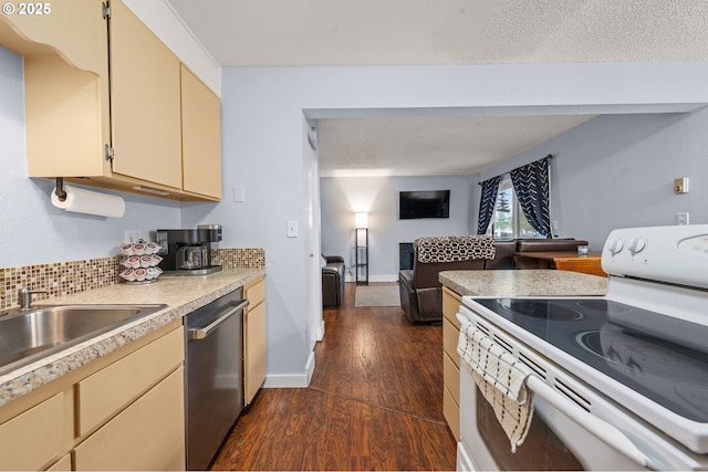 kitchen featuring dishwasher, open floor plan, dark wood-style flooring, white electric range, and a sink