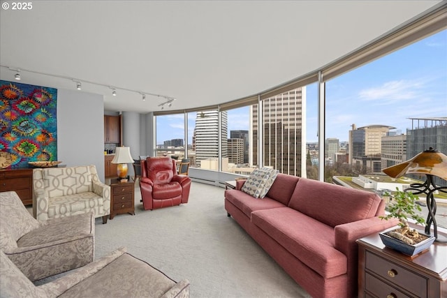 living area featuring a view of city and carpet flooring