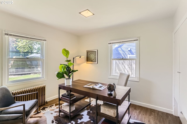 office space featuring radiator, baseboards, dark wood-style floors, and a wealth of natural light
