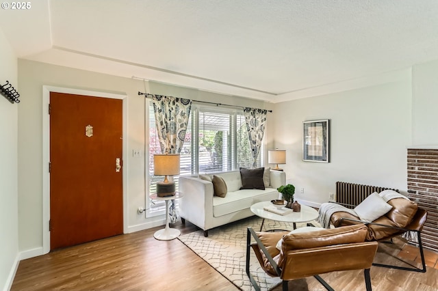 living area with baseboards, radiator heating unit, and wood finished floors