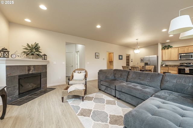 living room with a fireplace and light hardwood / wood-style flooring