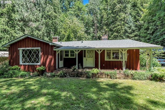 63645 E Barlow Trail Rd, Brightwood, OR 97011 - ranch-style house featuring a chimney, a front yard, a porch, and board and batten siding