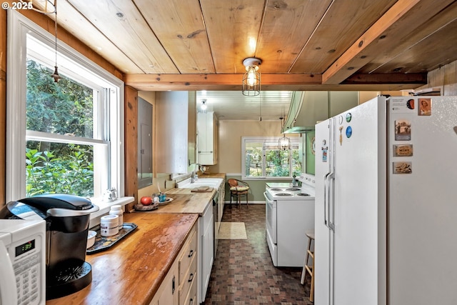 63645 E Barlow Trail Rd, Brightwood, OR 97011 - kitchen with white appliances, butcher block countertops, wood ceiling, island range hood, and pendant lighting