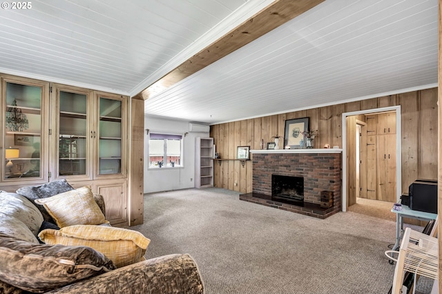 63645 E Barlow Trail Rd, Brightwood, OR 97011 - carpeted living room featuring wood walls, a wall mounted AC, a fireplace, and ornamental molding