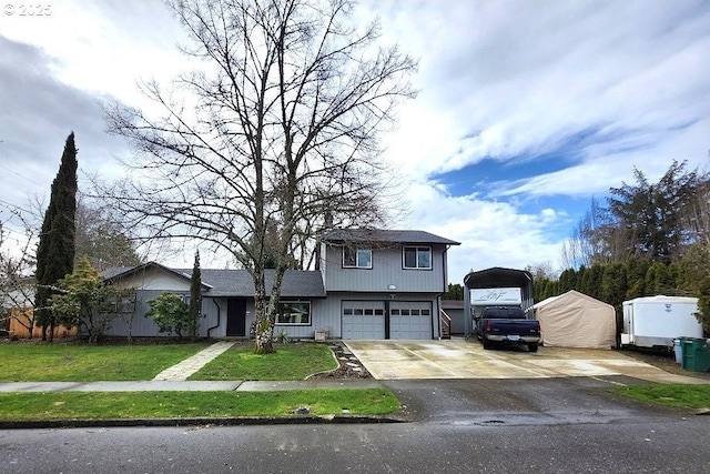 view of front of home featuring concrete driveway, an attached garage, and a front lawn