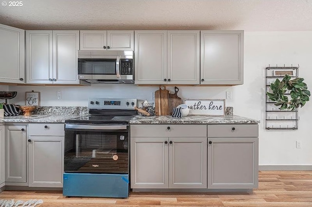 kitchen with light wood-style floors, appliances with stainless steel finishes, and gray cabinetry