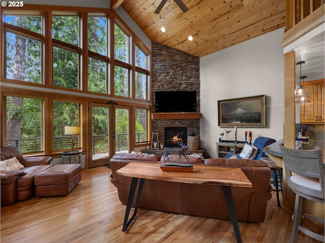 living area with ceiling fan, a fireplace, wooden ceiling, high vaulted ceiling, and light wood finished floors