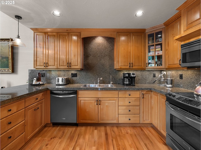 kitchen with a sink, tasteful backsplash, electric range, and dishwashing machine