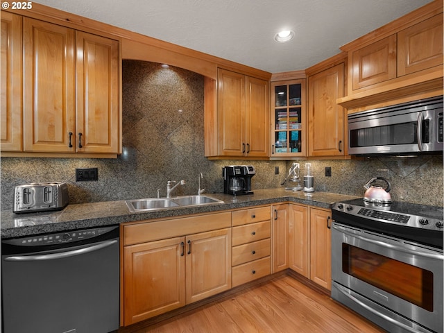 kitchen with backsplash, appliances with stainless steel finishes, a sink, and light wood-style flooring