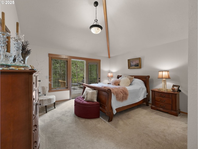 bedroom featuring access to outside, light carpet, and lofted ceiling