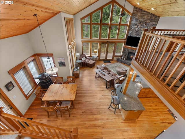 living area featuring wood ceiling, wood finished floors, and high vaulted ceiling