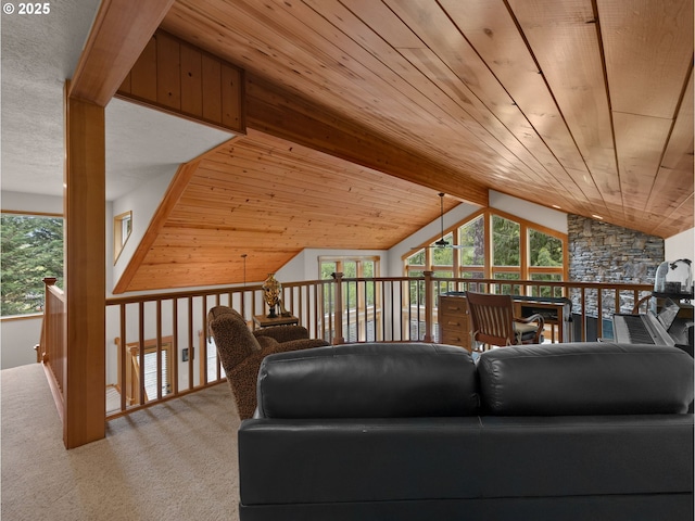 living room with light colored carpet, lofted ceiling with beams, and wood ceiling