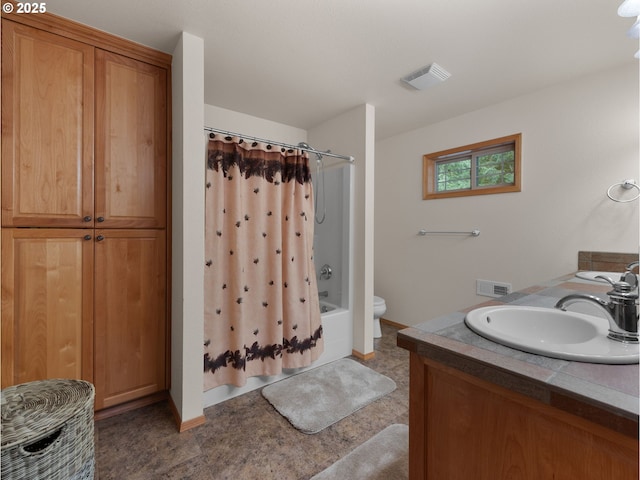 bathroom with a sink, shower / bath combination with curtain, toilet, and visible vents