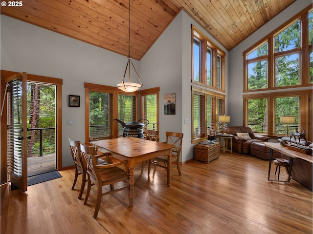 dining space featuring a healthy amount of sunlight, high vaulted ceiling, light wood finished floors, and wooden ceiling