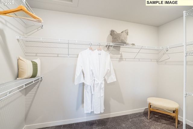 walk in closet featuring dark colored carpet