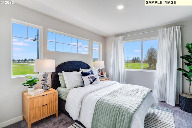 bedroom with carpet flooring, recessed lighting, and baseboards