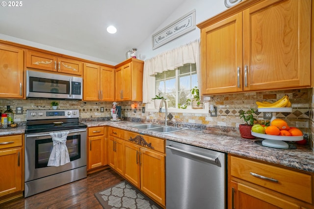 kitchen with lofted ceiling, sink, dark stone countertops, dark hardwood / wood-style floors, and stainless steel appliances