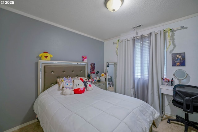 carpeted bedroom with a textured ceiling