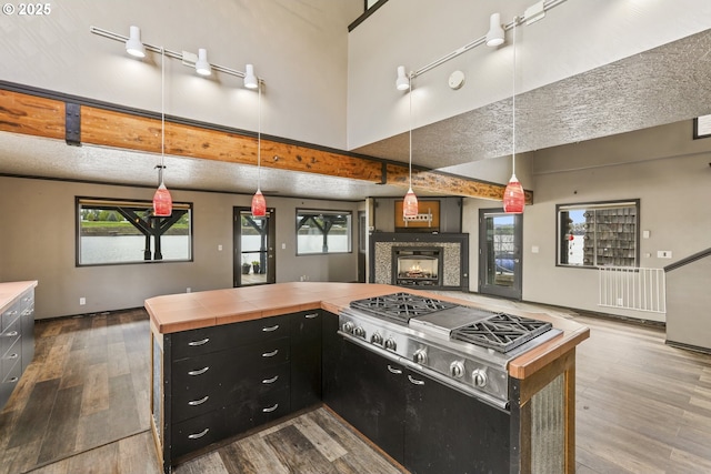 2039 N Jantzen Ave, Portland, OR 97217 - kitchen with dark cabinets, a tiled fireplace, open floor plan, dark wood-style flooring, and a towering ceiling