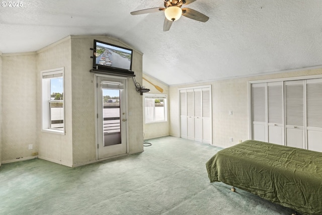2039 N Jantzen Ave, Portland, OR 97217 - carpeted bedroom with a textured ceiling, ceiling fan, access to outside, vaulted ceiling, and multiple closets