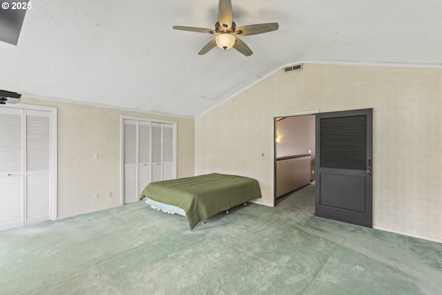 2039 N Jantzen Ave, Portland, OR 97217 - carpeted bedroom with lofted ceiling, a ceiling fan, visible vents, and two closets