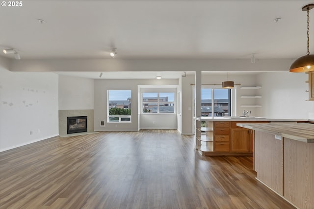 unfurnished living room with hardwood / wood-style flooring, a fireplace, and sink