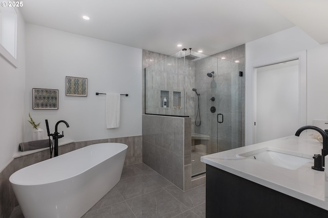 1515 NW Spring St, Newport, OR 97365 - full bath with a shower stall, a freestanding tub, recessed lighting, and double vanity
