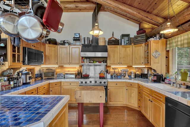 6715 Ivy St, Springfield, OR 97478 - kitchen with dishwasher, tile countertops, a sink, wood finished floors, and wood ceiling