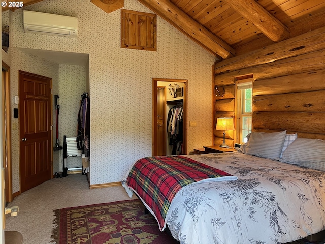 6715 Ivy St, Springfield, OR 97478 - bedroom with a wall mounted air conditioner, rustic walls, carpet flooring, wood ceiling with exposed beams, and a walk in closet