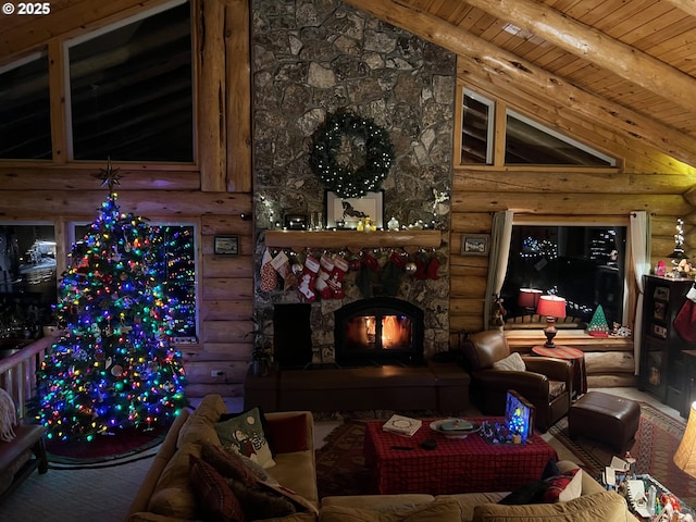 6715 Ivy St, Springfield, OR 97478 - living room featuring rustic walls, wood ceiling, and a fireplace
