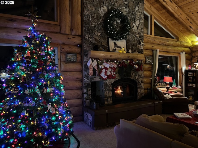 6715 Ivy St, Springfield, OR 97478 - carpeted living area with rustic walls, wood ceiling, and a stone fireplace
