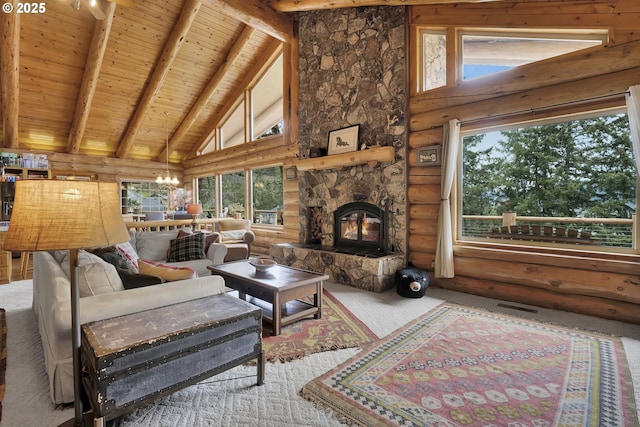 6715 Ivy St, Springfield, OR 97478 - living area featuring rustic walls, high vaulted ceiling, healthy amount of natural light, a stone fireplace, and wooden ceiling