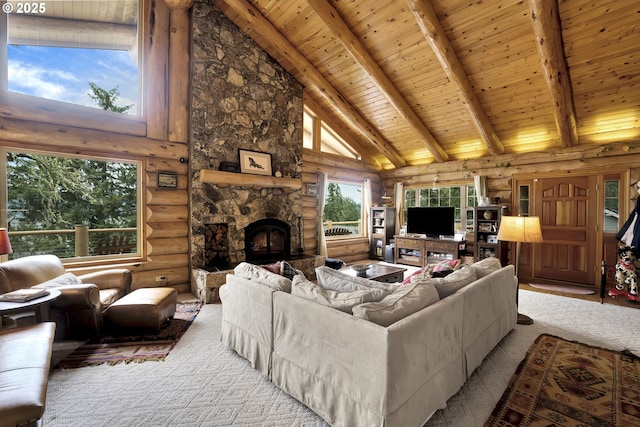6715 Ivy St, Springfield, OR 97478 - living room featuring rustic walls, high vaulted ceiling, wooden ceiling with exposed beams, and a stone fireplace