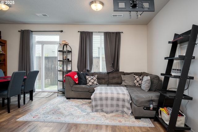 living area featuring a wealth of natural light, visible vents, and wood finished floors