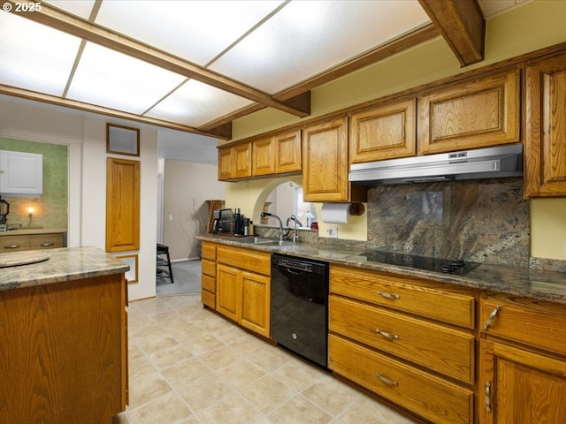 kitchen featuring sink, black appliances, decorative backsplash, dark stone counters, and beamed ceiling