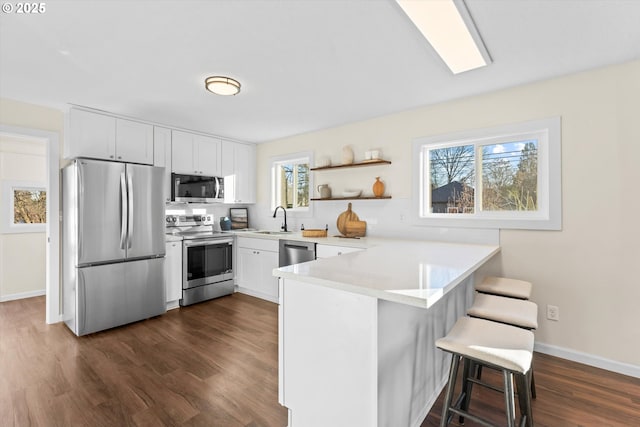 kitchen featuring appliances with stainless steel finishes, white cabinetry, sink, kitchen peninsula, and a breakfast bar area