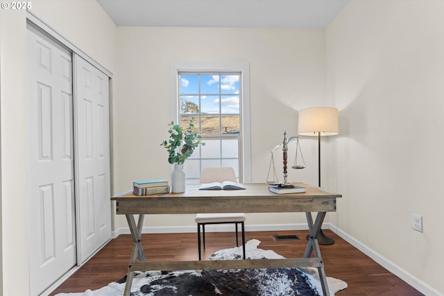 home office with dark wood-type flooring