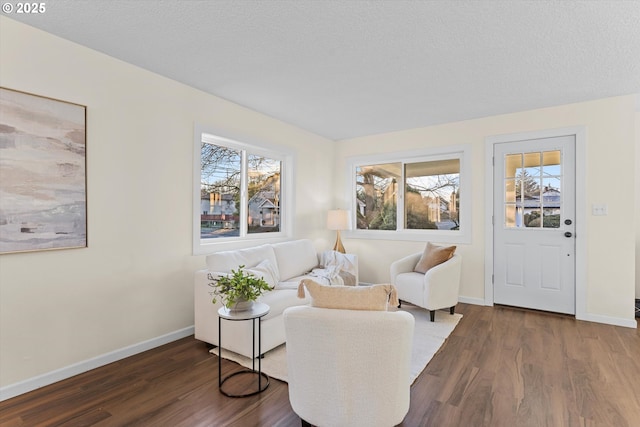 sitting room featuring a healthy amount of sunlight, dark wood-type flooring, and a textured ceiling