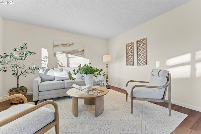 living room with a textured ceiling and wood-type flooring